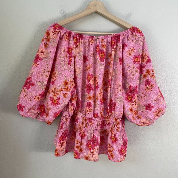 LOFT Womens Plus XXL Floral Pink Lily Gathered Waist V Neck Blouse Shirt Top - Picture 13 of 14